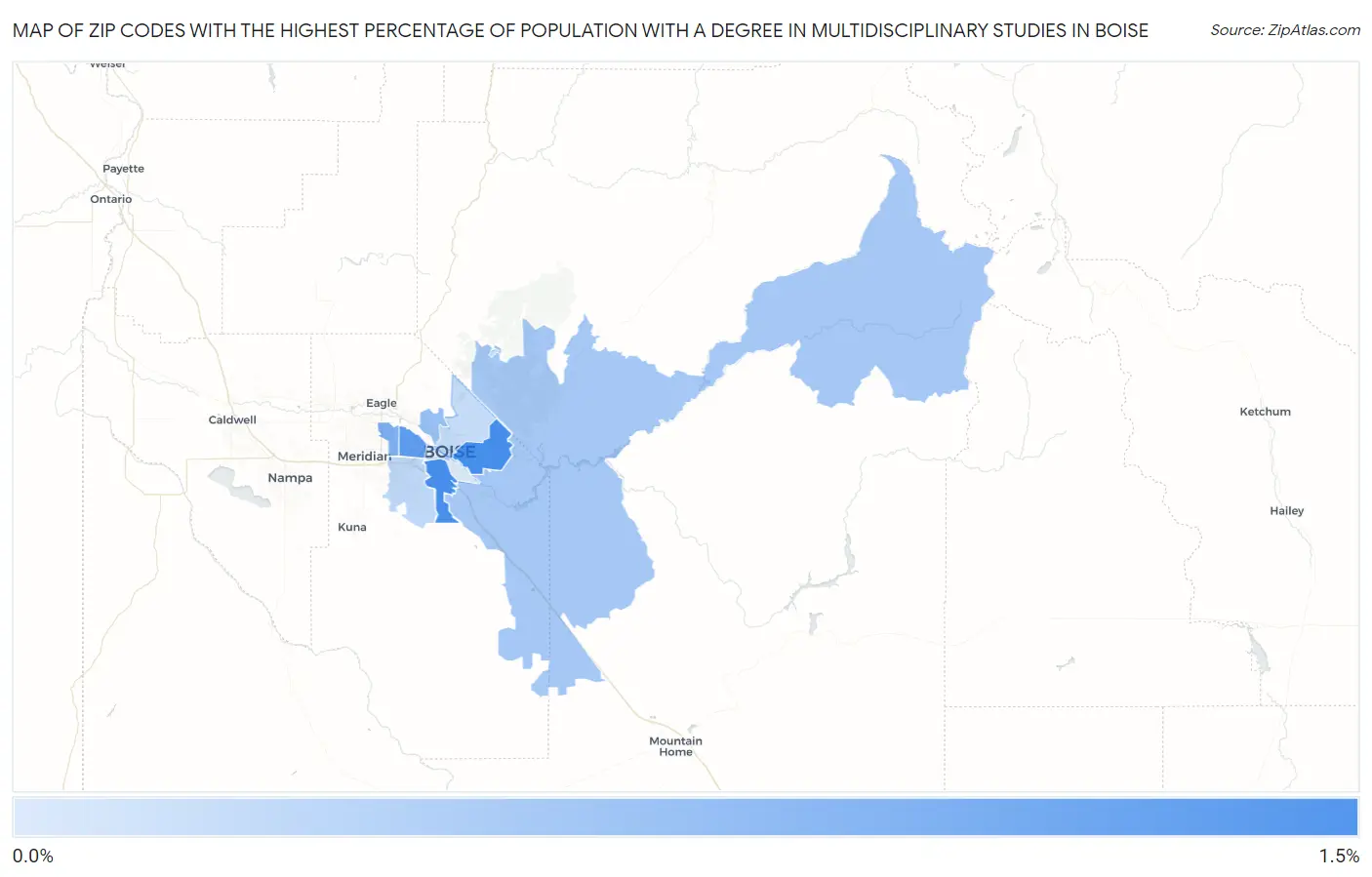 Zip Codes with the Highest Percentage of Population with a Degree in Multidisciplinary Studies in Boise Map
