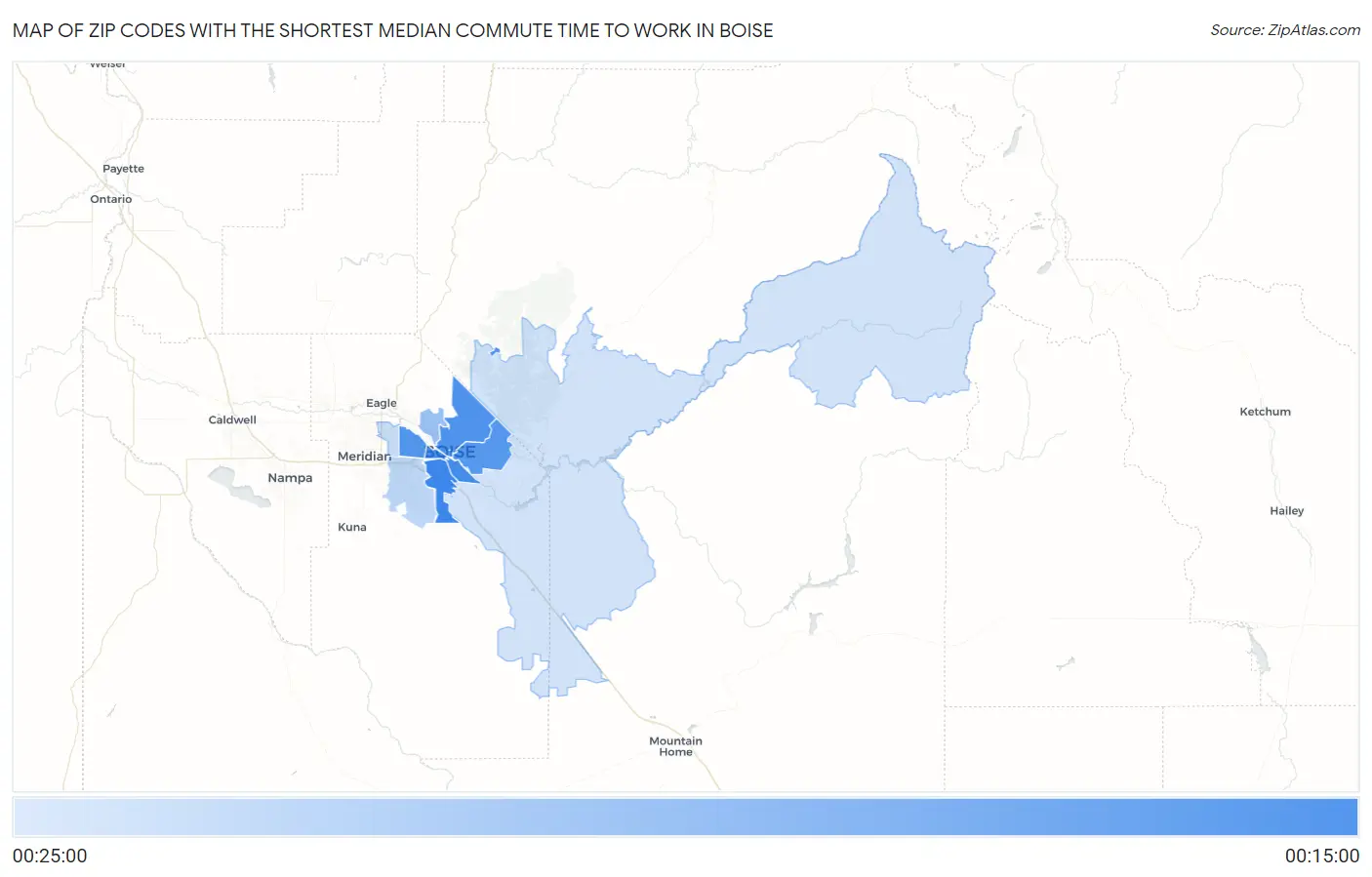 Zip Codes with the Shortest Median Commute Time to Work in Boise Map