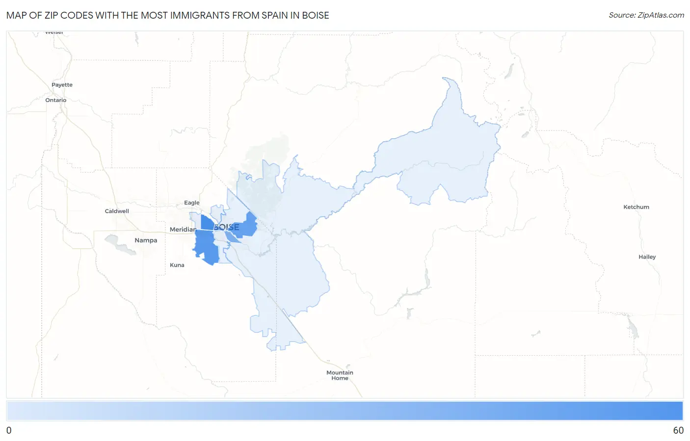 Zip Codes with the Most Immigrants from Spain in Boise Map