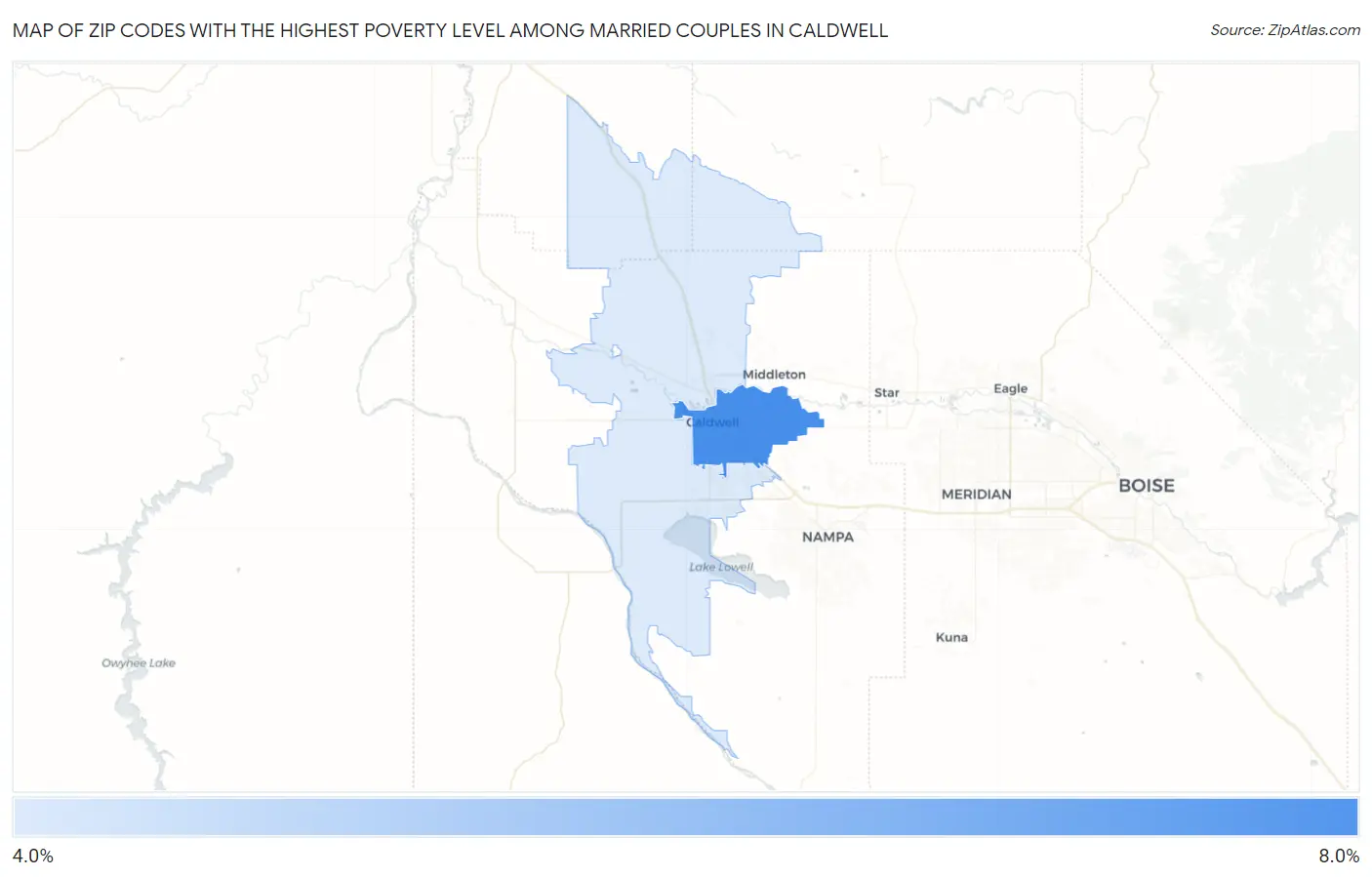 Zip Codes with the Highest Poverty Level Among Married Couples in Caldwell Map