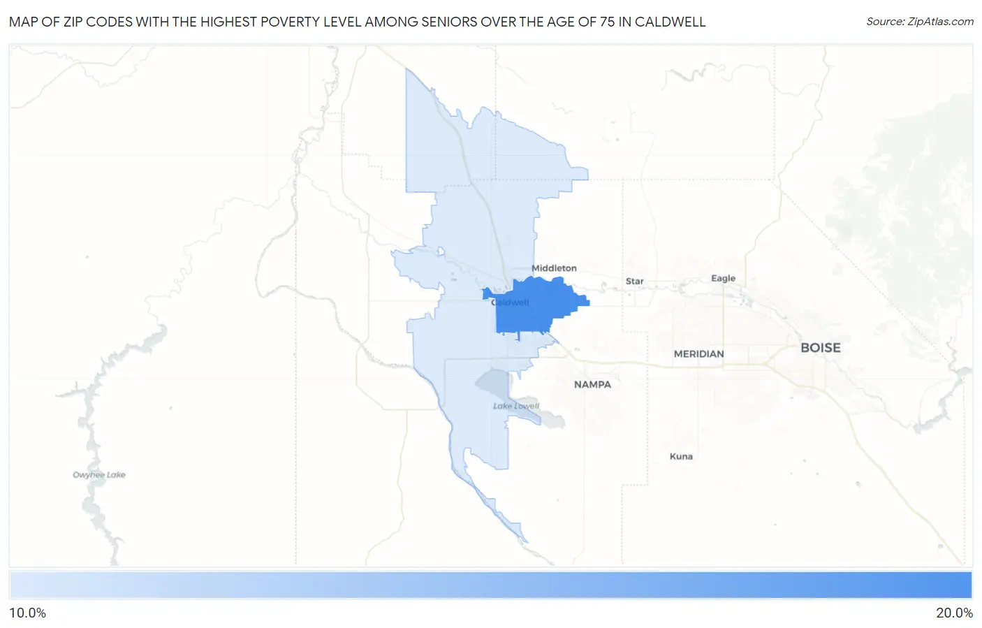 Zip Codes with the Highest Poverty Level Among Seniors Over the Age of 75 in Caldwell Map
