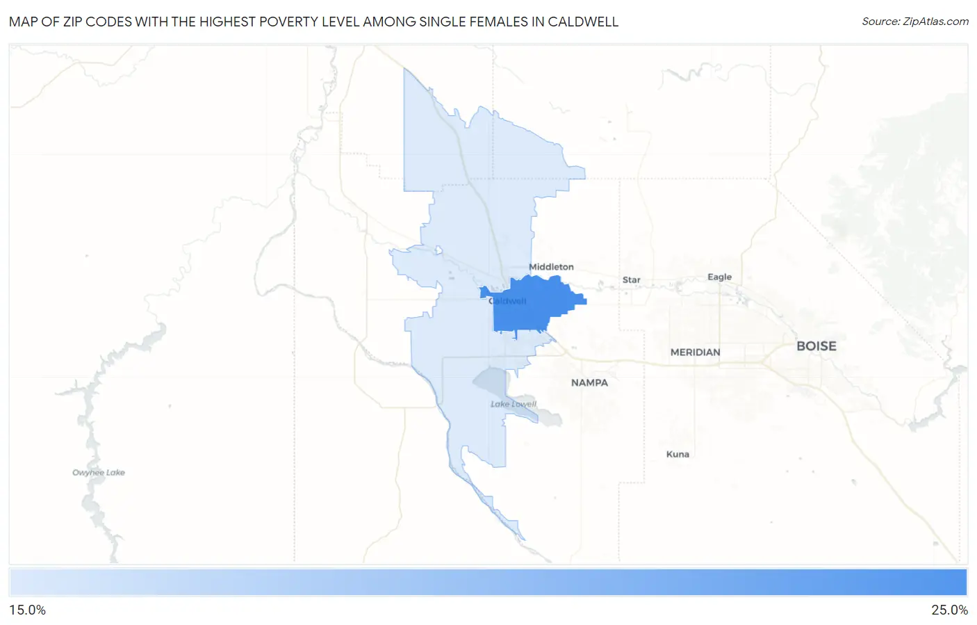 Zip Codes with the Highest Poverty Level Among Single Females in Caldwell Map