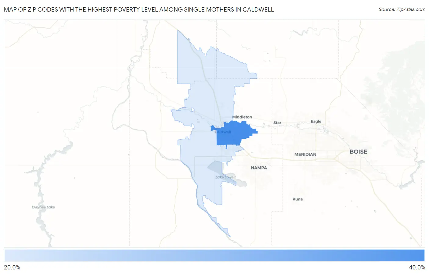Zip Codes with the Highest Poverty Level Among Single Mothers in Caldwell Map