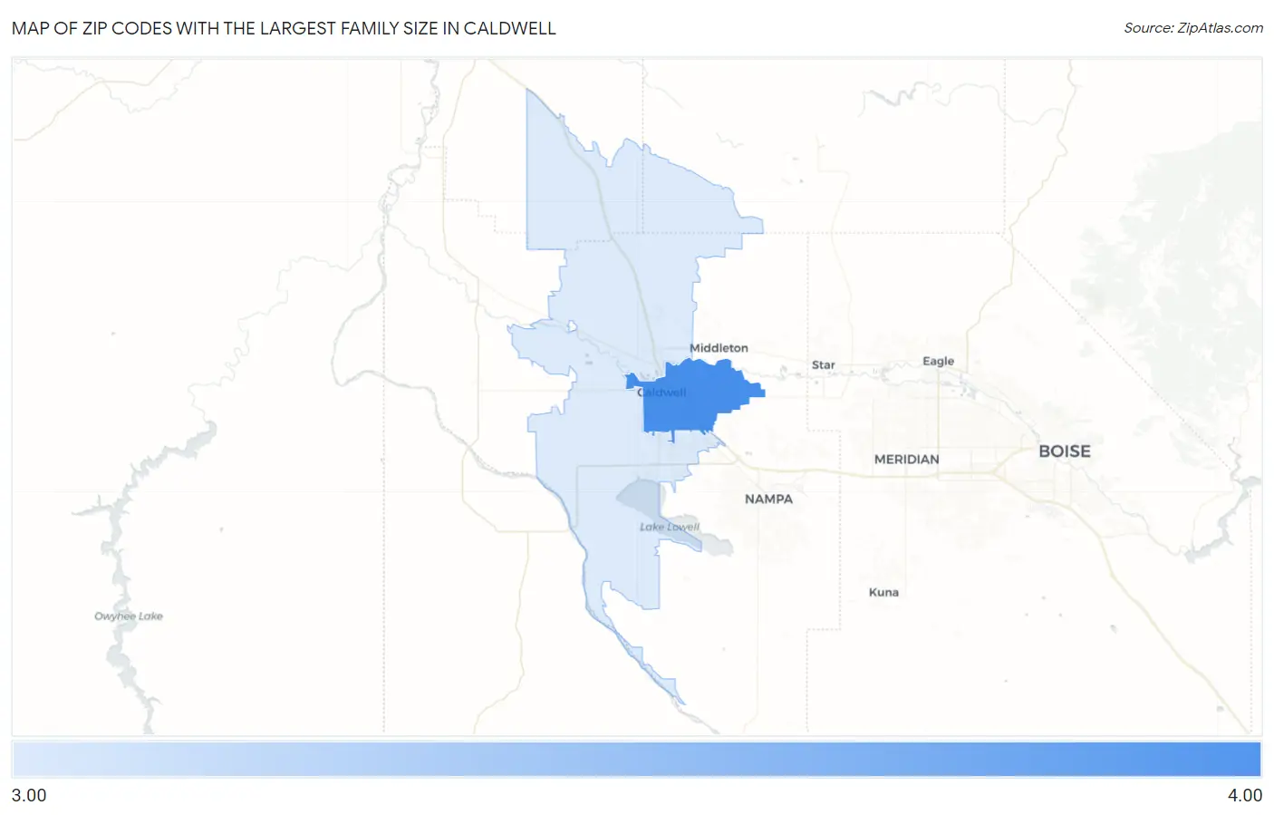 Zip Codes with the Largest Family Size in Caldwell Map