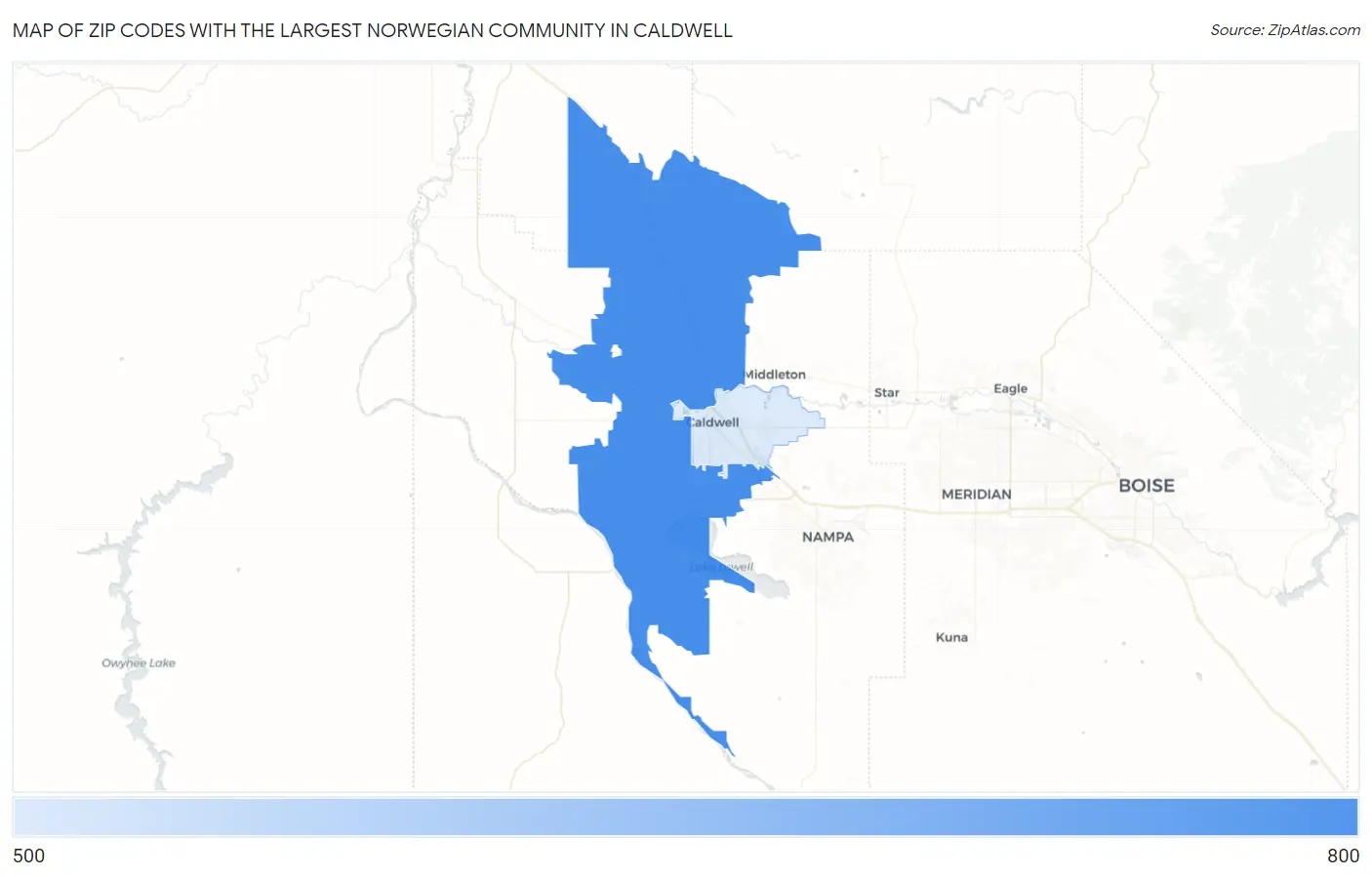 Zip Codes with the Largest Norwegian Community in Caldwell Map