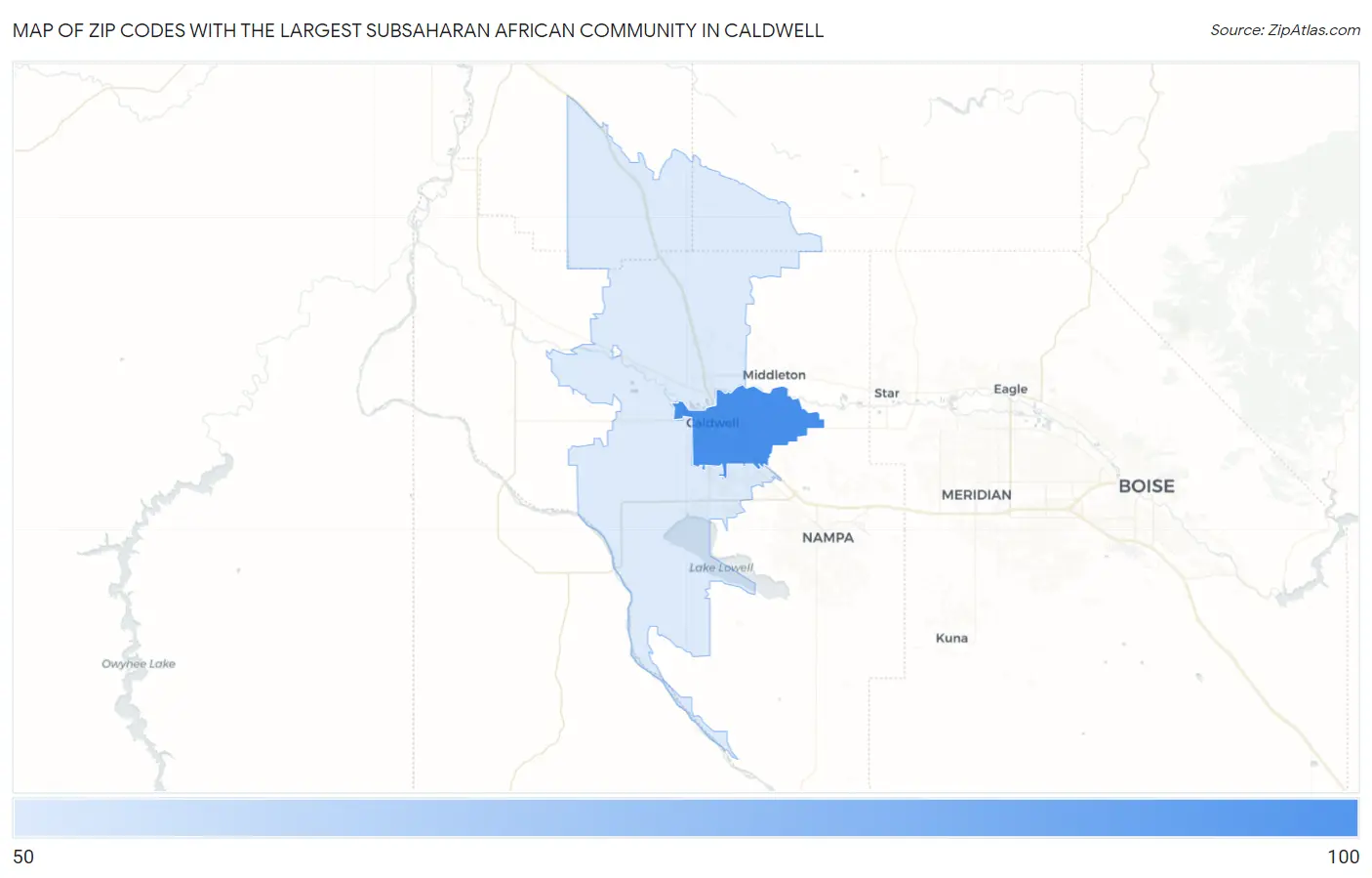 Zip Codes with the Largest Subsaharan African Community in Caldwell Map