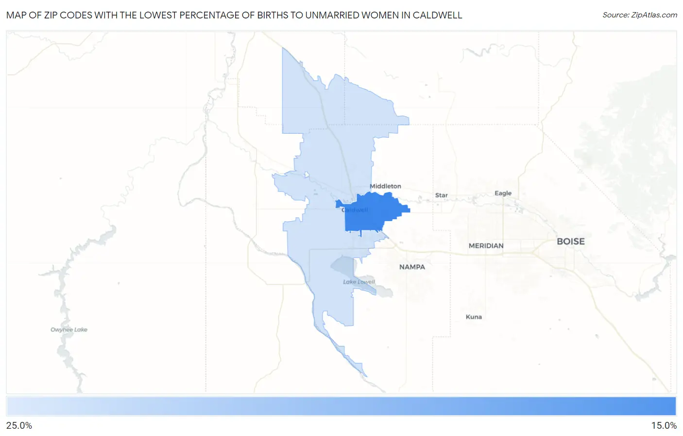 Zip Codes with the Lowest Percentage of Births to Unmarried Women in Caldwell Map