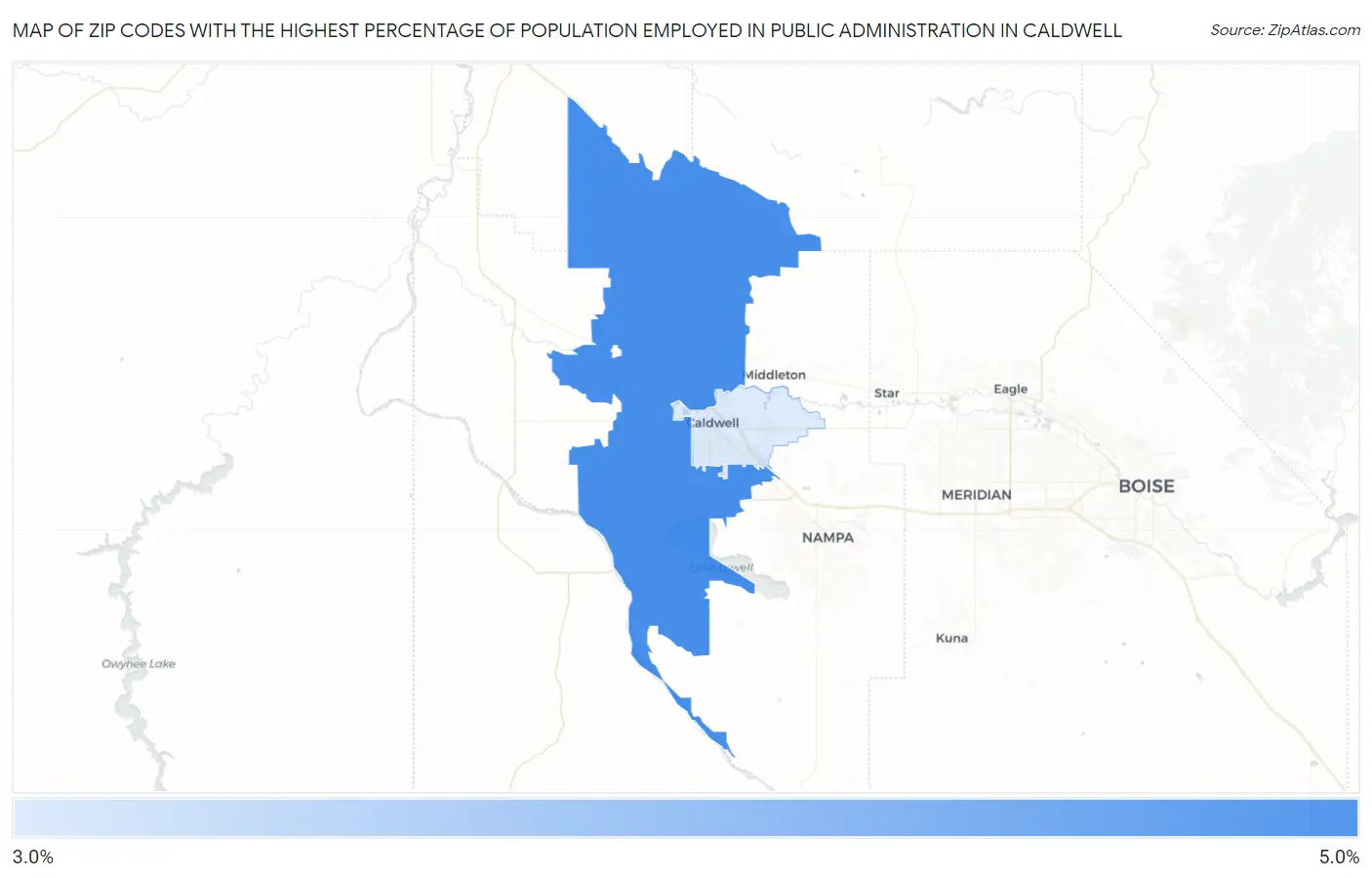 Zip Codes with the Highest Percentage of Population Employed in Public Administration in Caldwell Map