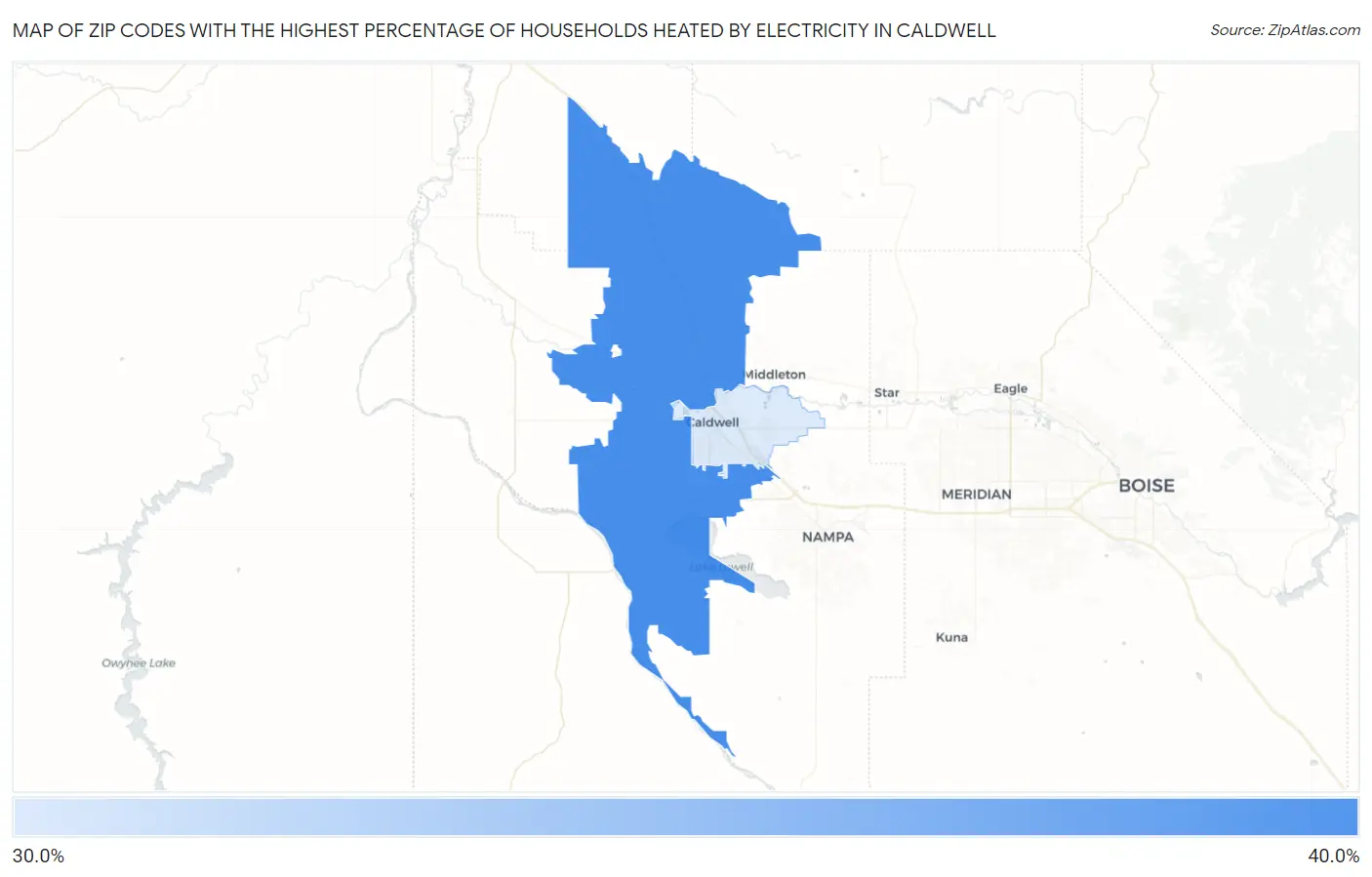 Zip Codes with the Highest Percentage of Households Heated by Electricity in Caldwell Map
