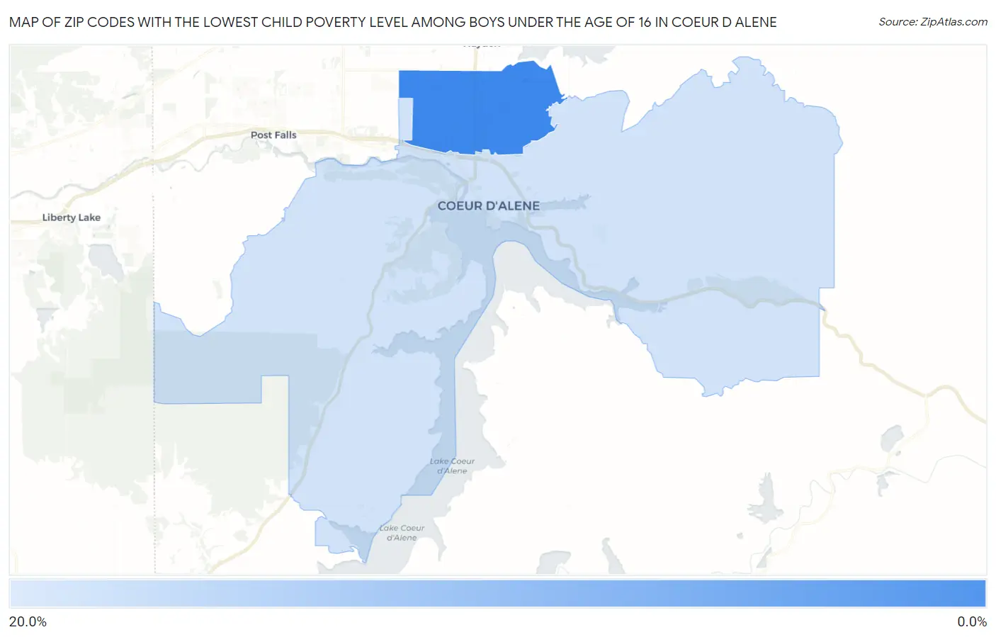 Zip Codes with the Lowest Child Poverty Level Among Boys Under the Age of 16 in Coeur D Alene Map