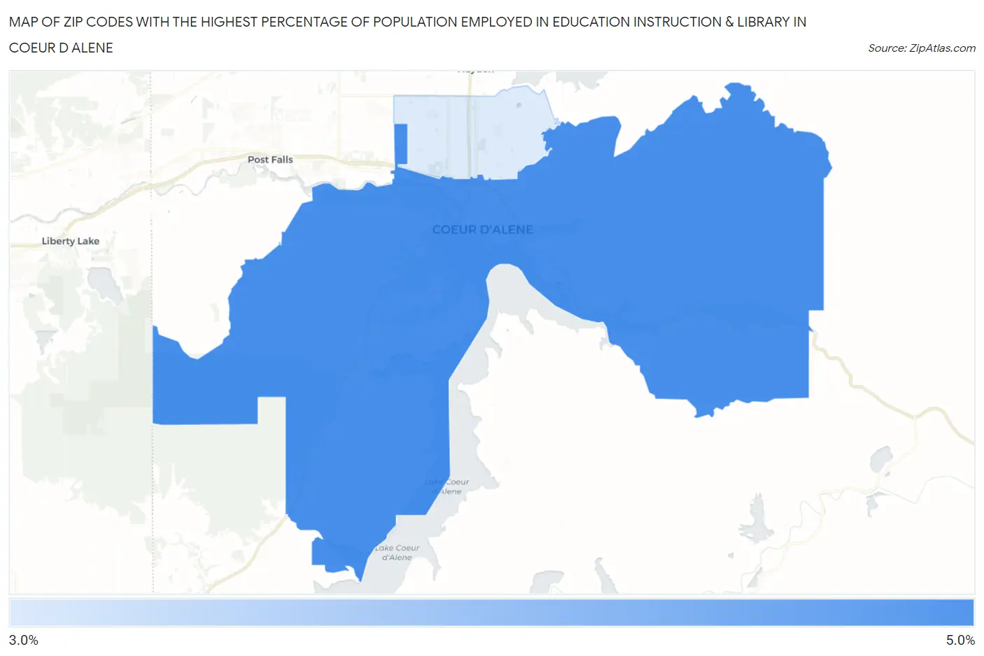 Zip Codes with the Highest Percentage of Population Employed in Education Instruction & Library in Coeur D Alene Map