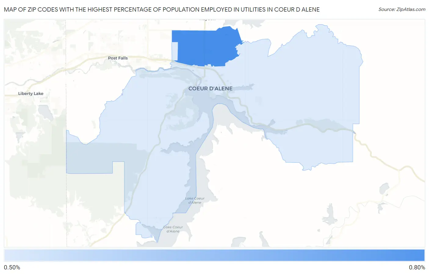 Zip Codes with the Highest Percentage of Population Employed in Utilities in Coeur D Alene Map