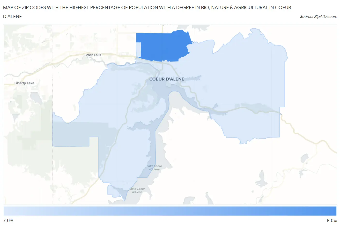 Zip Codes with the Highest Percentage of Population with a Degree in Bio, Nature & Agricultural in Coeur D Alene Map