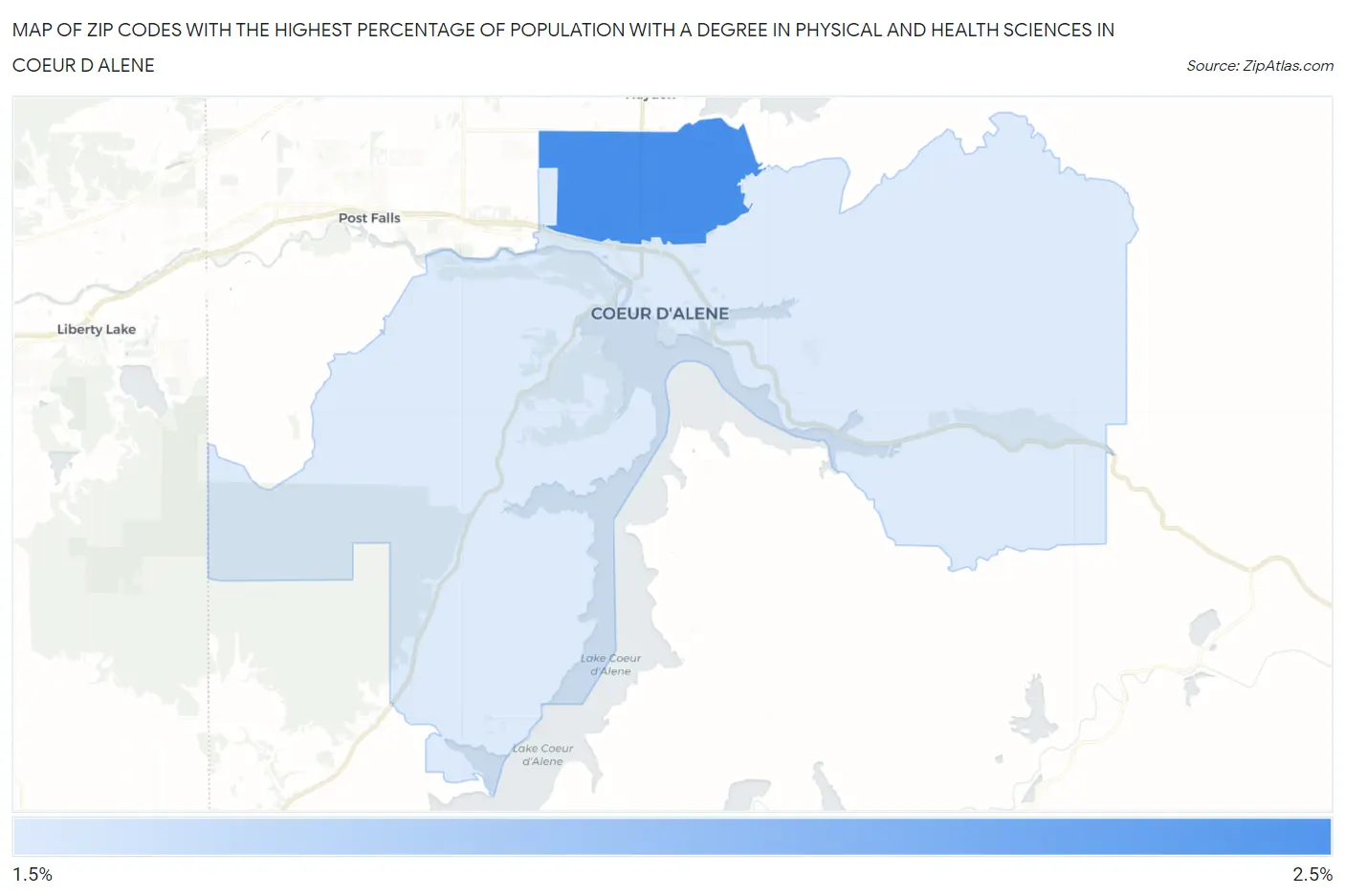 Zip Codes with the Highest Percentage of Population with a Degree in Physical and Health Sciences in Coeur D Alene Map