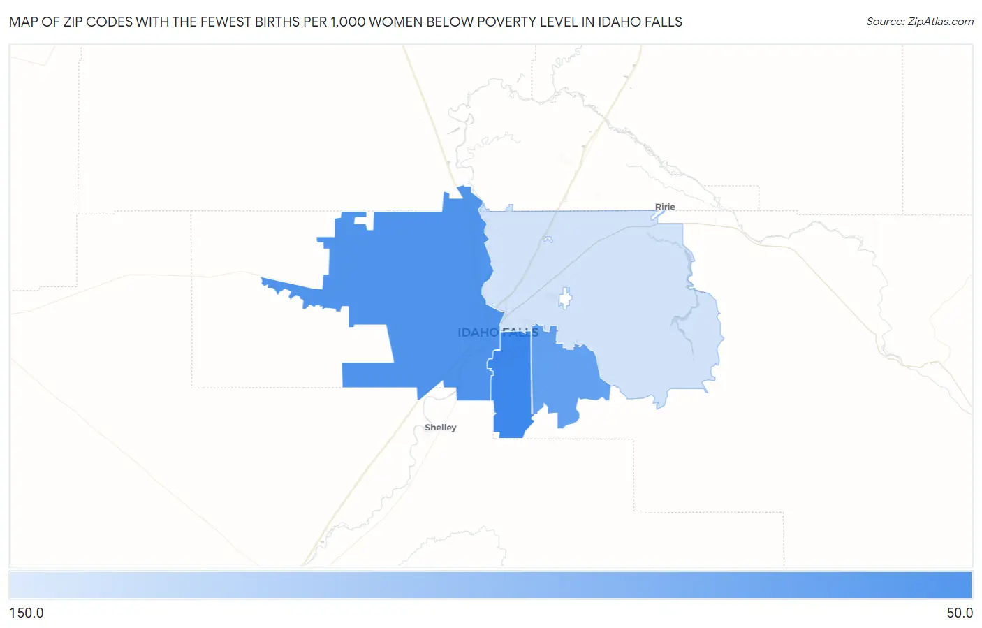 Zip Codes with the Fewest Births per 1,000 Women Below Poverty Level in Idaho Falls Map