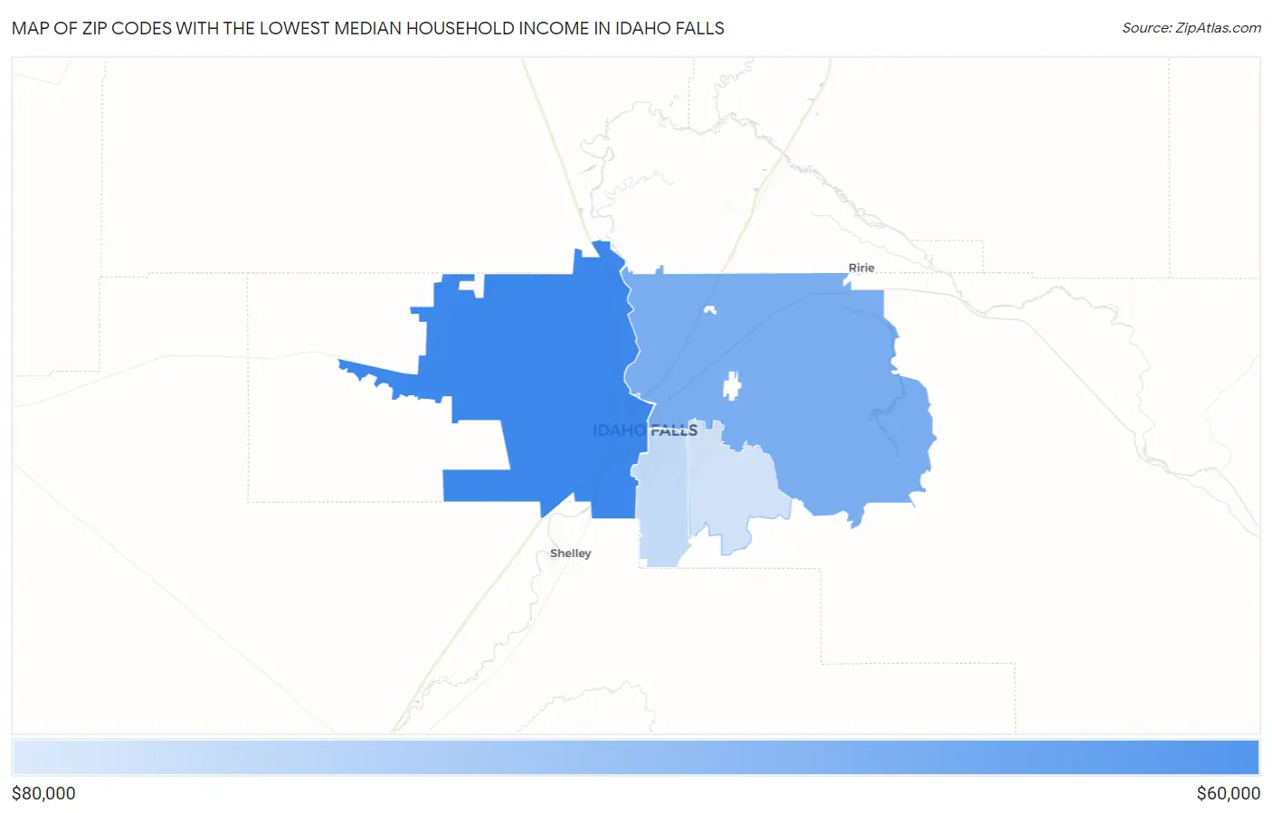 Zip Codes with the Lowest Median Household Income in Idaho Falls Map
