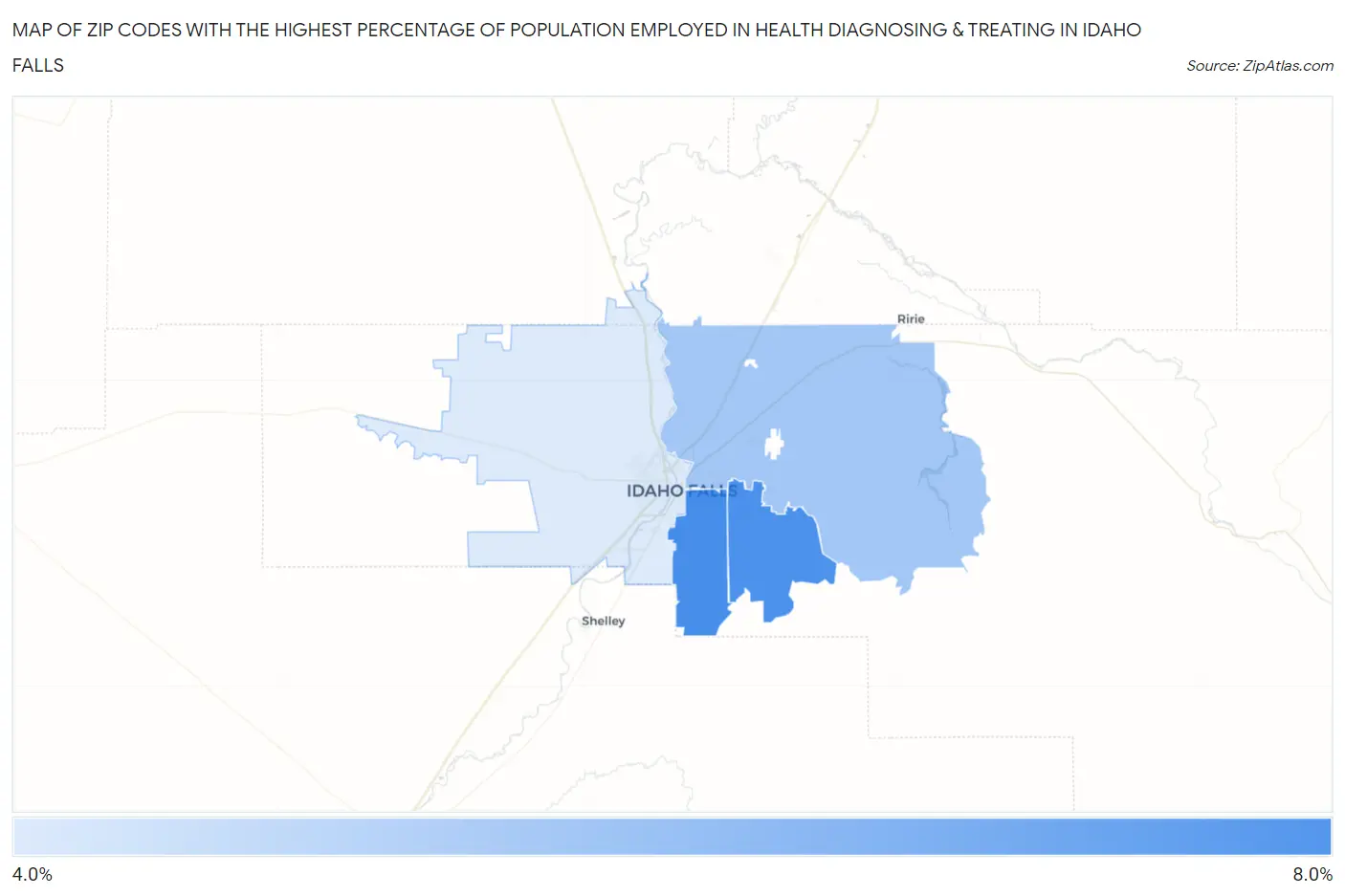 Zip Codes with the Highest Percentage of Population Employed in Health Diagnosing & Treating in Idaho Falls Map