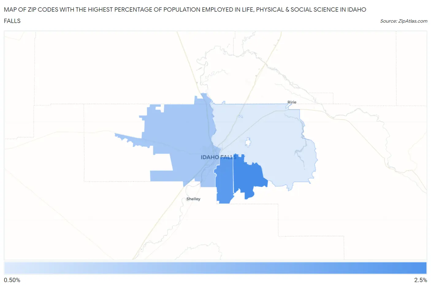 Zip Codes with the Highest Percentage of Population Employed in Life, Physical & Social Science in Idaho Falls Map