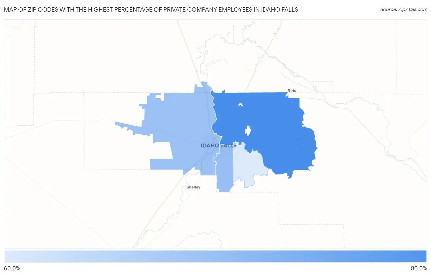 Zip Codes with the Highest Percentage of Private Company Employees in Idaho Falls Map