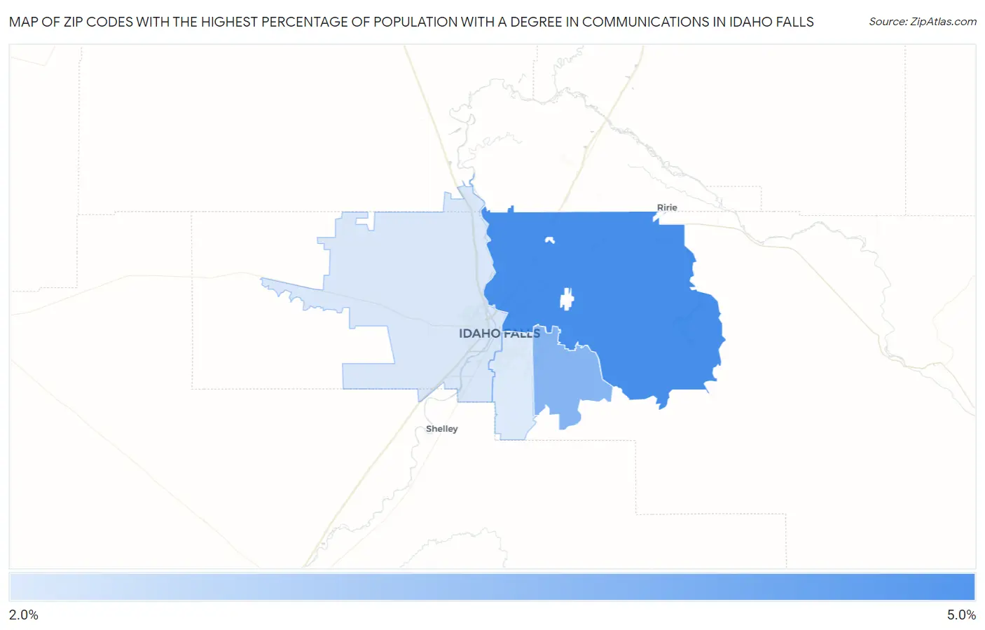 Zip Codes with the Highest Percentage of Population with a Degree in Communications in Idaho Falls Map