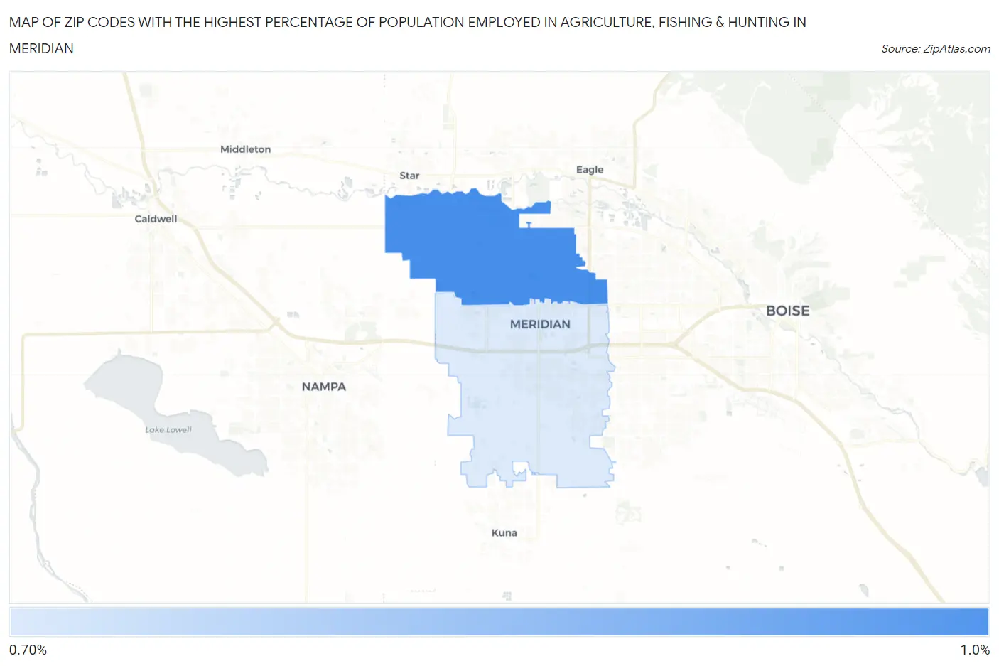 Zip Codes with the Highest Percentage of Population Employed in Agriculture, Fishing & Hunting in Meridian Map