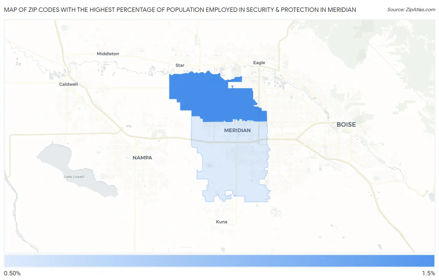 Zip Codes with the Highest Percentage of Population Employed in Security & Protection in Meridian Map