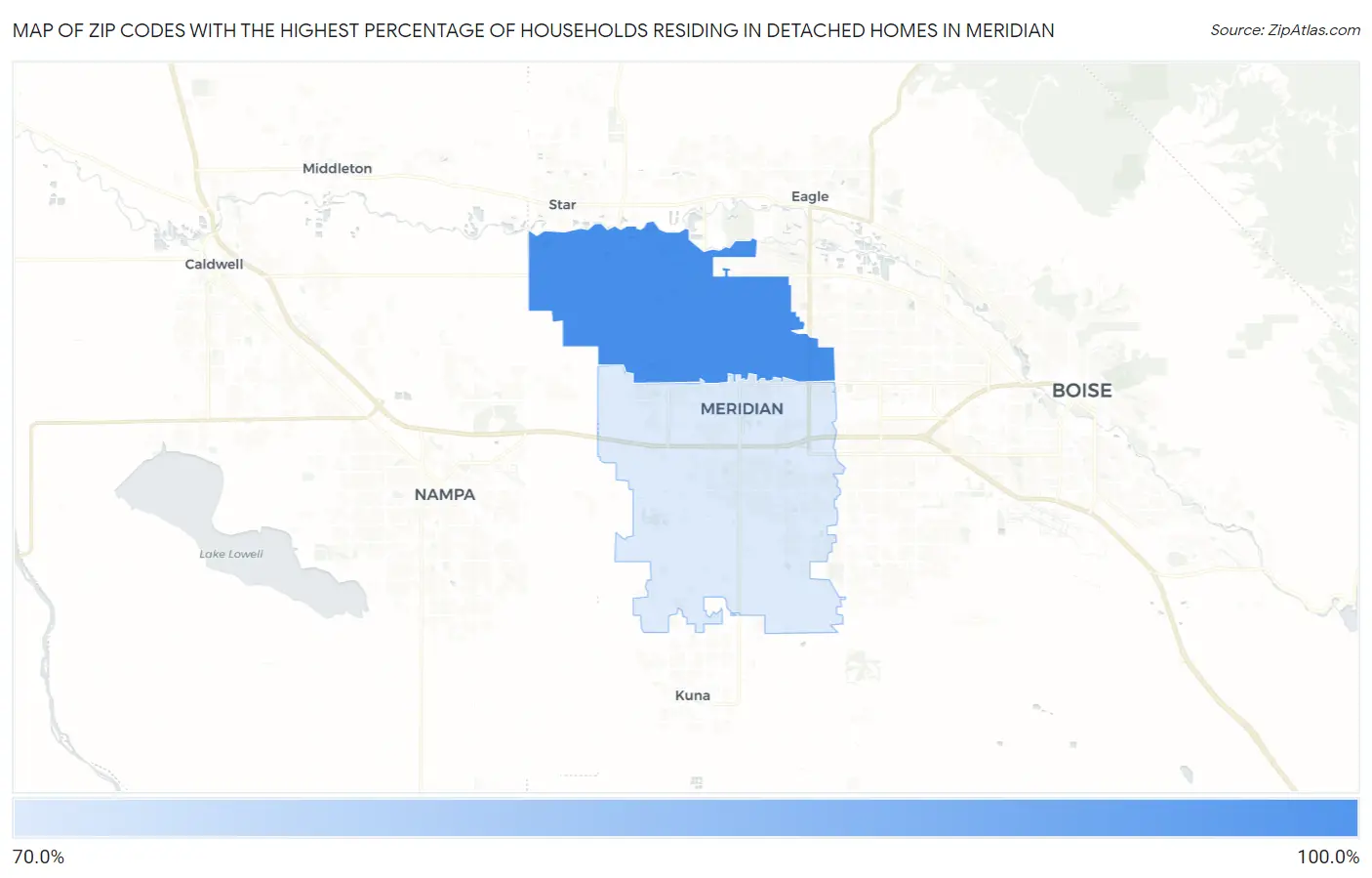 Zip Codes with the Highest Percentage of Households Residing in Detached Homes in Meridian Map