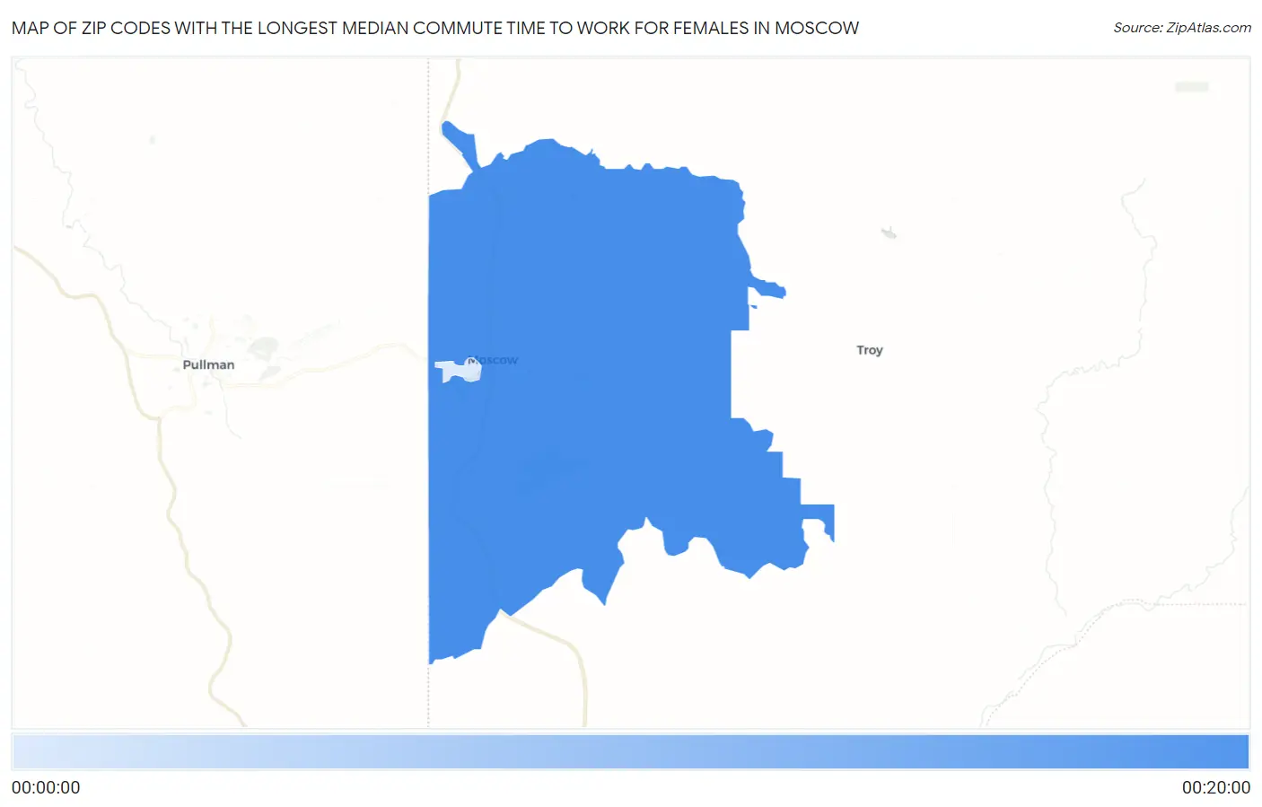 Zip Codes with the Longest Median Commute Time to Work for Females in Moscow Map
