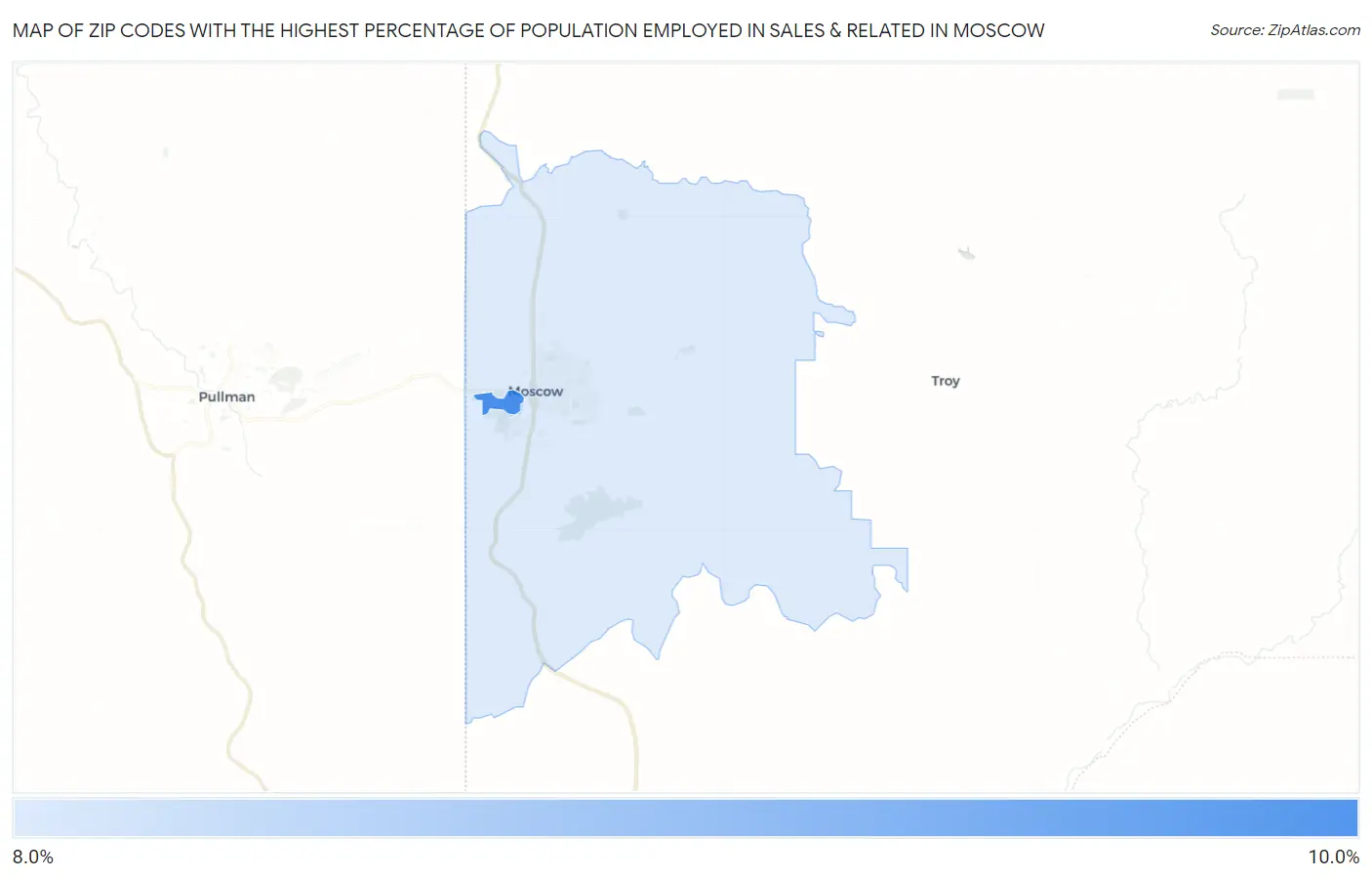 Zip Codes with the Highest Percentage of Population Employed in Sales & Related in Moscow Map