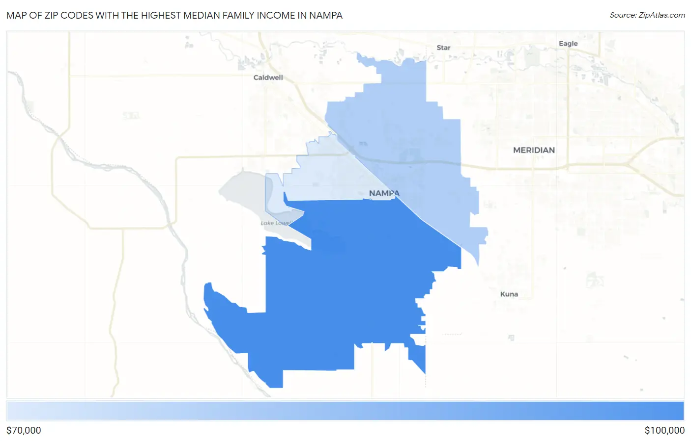 Zip Codes with the Highest Median Family Income in Nampa Map