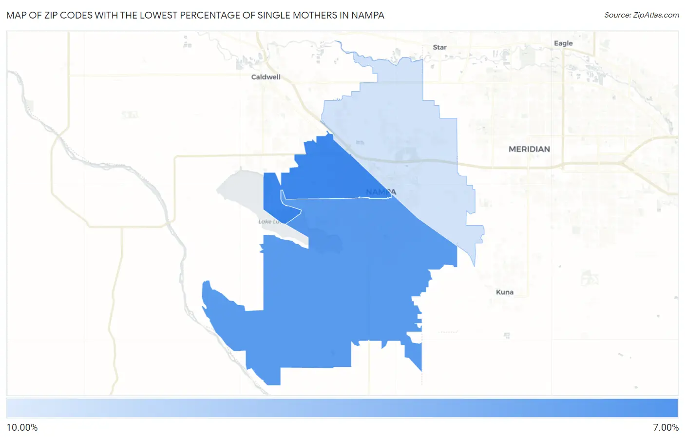 Zip Codes with the Lowest Percentage of Single Mothers in Nampa Map