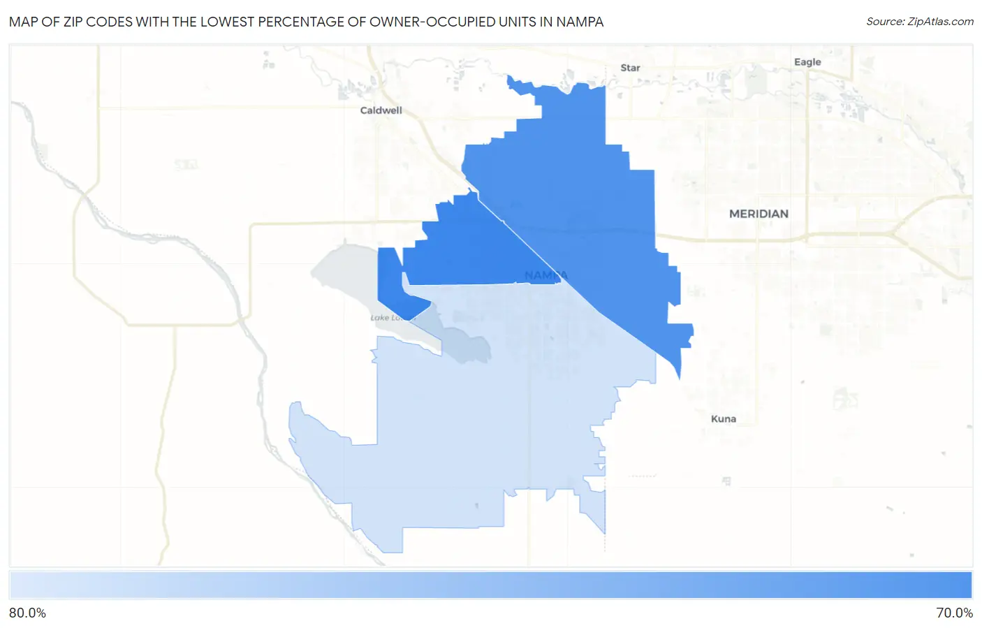 Zip Codes with the Lowest Percentage of Owner-Occupied Units in Nampa Map
