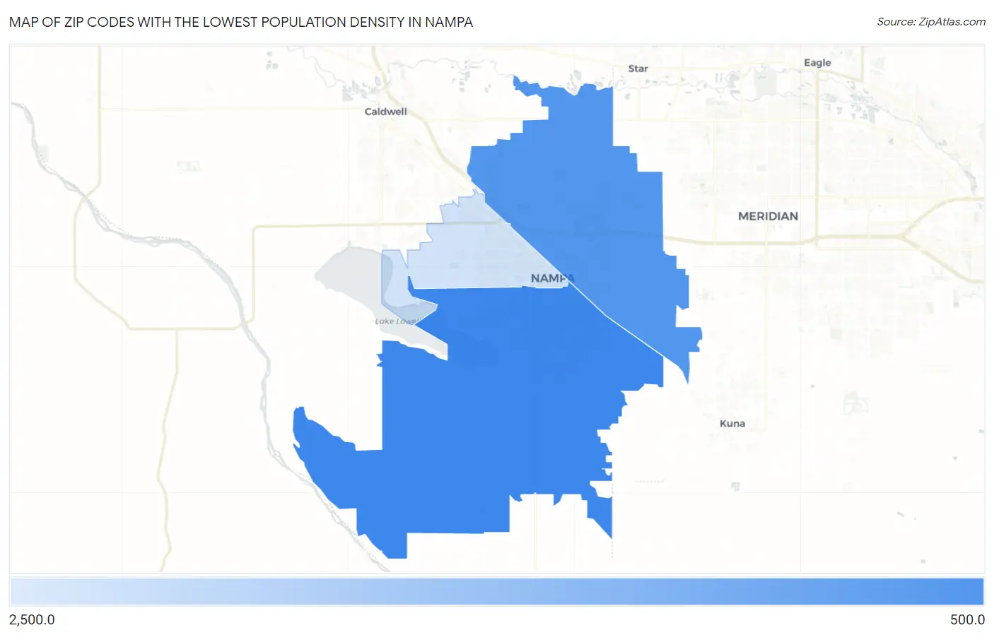 Zip Codes with the Lowest Population Density in Nampa Map