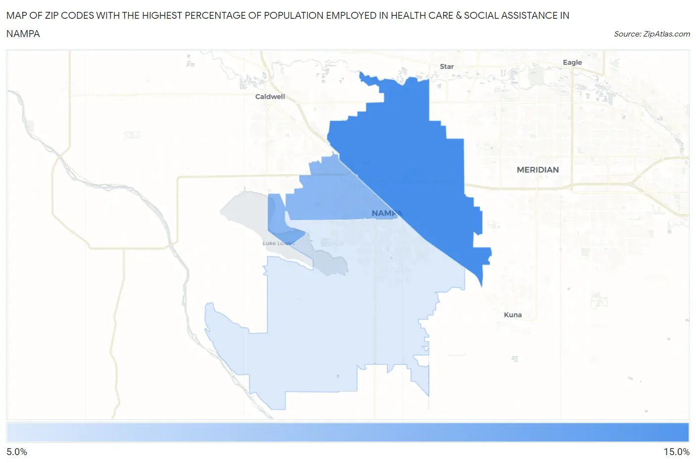 Zip Codes with the Highest Percentage of Population Employed in Health Care & Social Assistance in Nampa Map