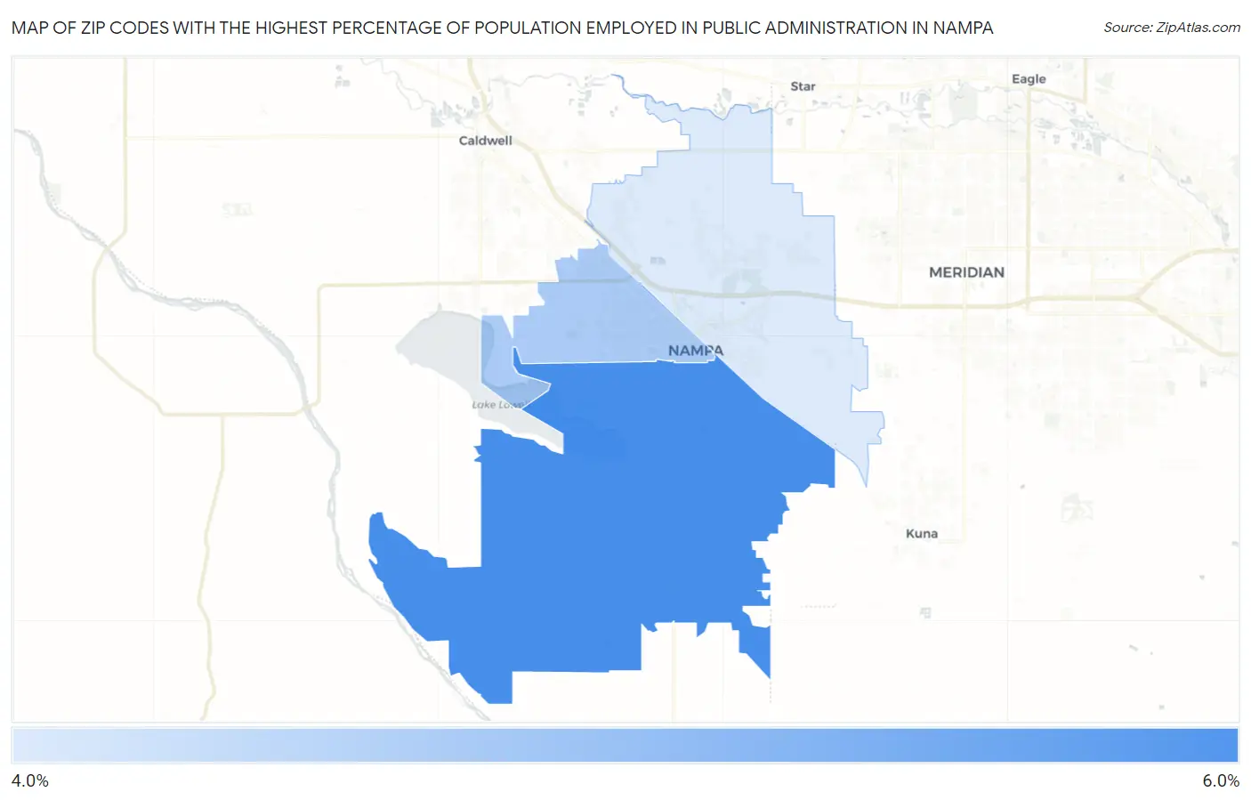 Zip Codes with the Highest Percentage of Population Employed in Public Administration in Nampa Map