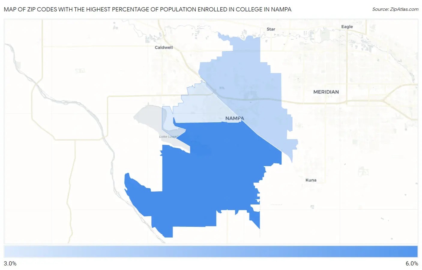 Zip Codes with the Highest Percentage of Population Enrolled in College in Nampa Map