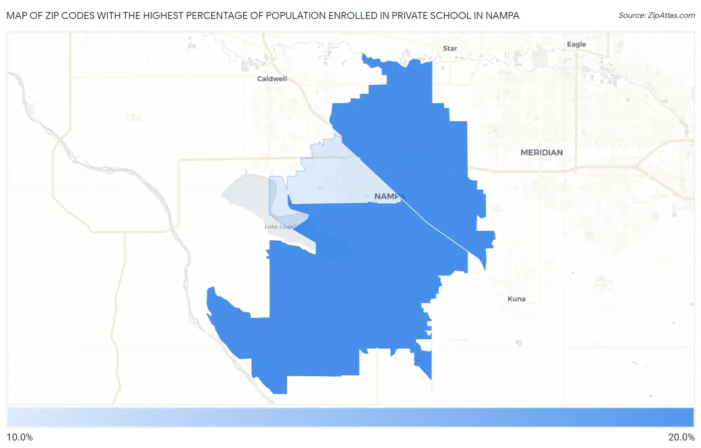 Zip Codes with the Highest Percentage of Population Enrolled in Private School in Nampa Map