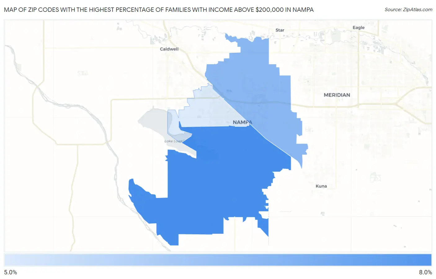 Zip Codes with the Highest Percentage of Families with Income Above $200,000 in Nampa Map