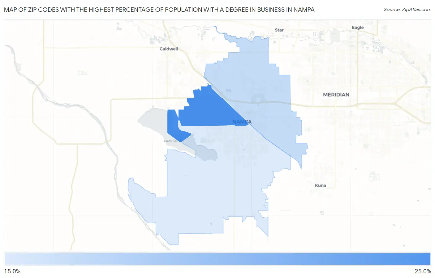 Zip Codes with the Highest Percentage of Population with a Degree in Business in Nampa Map