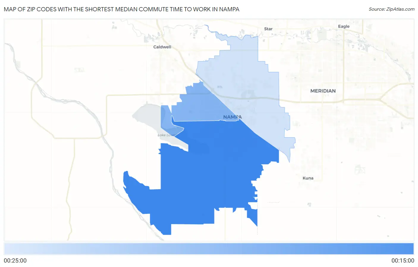 Zip Codes with the Shortest Median Commute Time to Work in Nampa Map