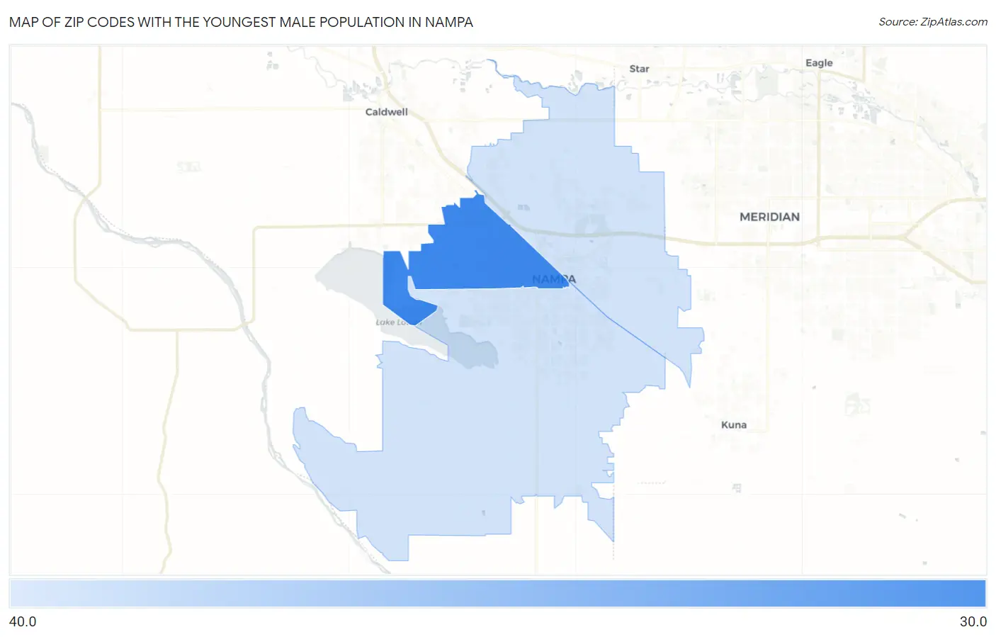 Zip Codes with the Youngest Male Population in Nampa Map