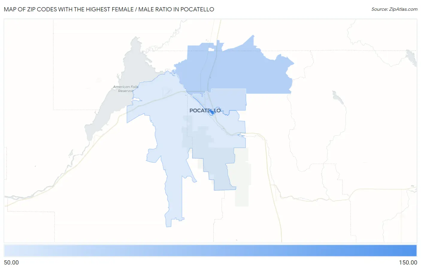 Zip Codes with the Highest Female / Male Ratio in Pocatello Map