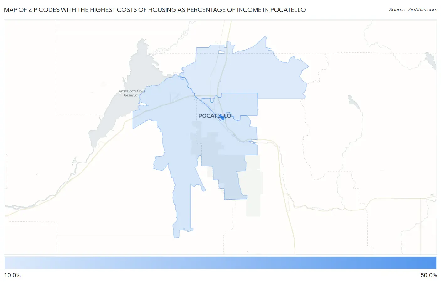 Zip Codes with the Highest Costs of Housing as Percentage of Income in Pocatello Map