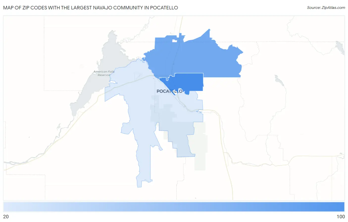 Zip Codes with the Largest Navajo Community in Pocatello Map