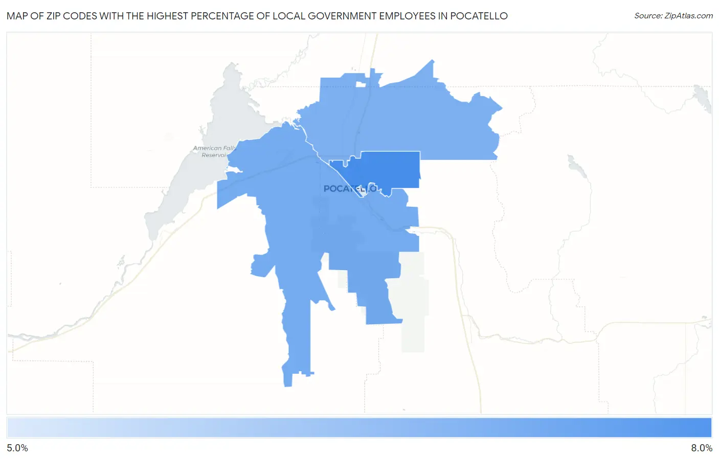 Zip Codes with the Highest Percentage of Local Government Employees in Pocatello Map