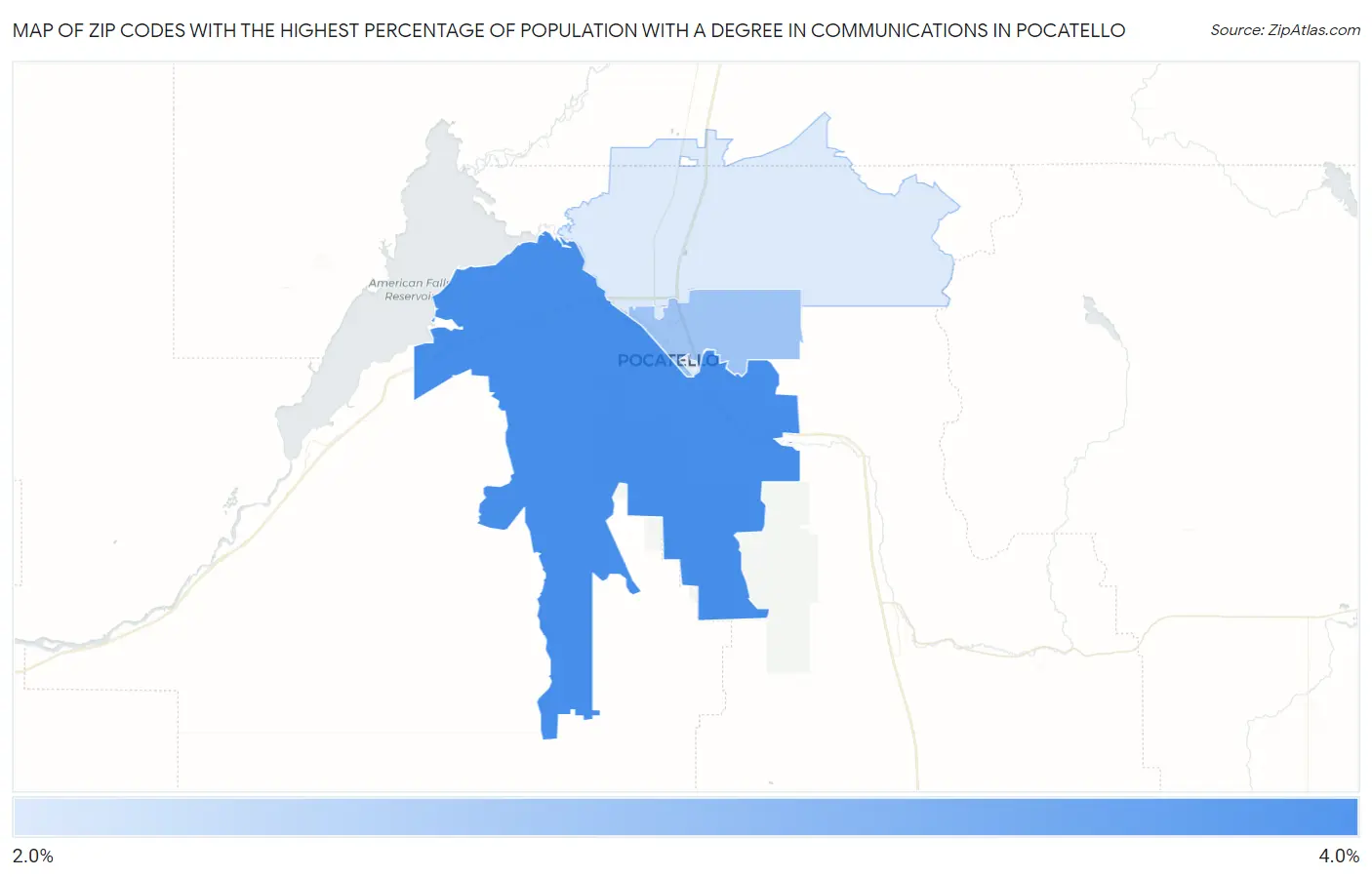 Zip Codes with the Highest Percentage of Population with a Degree in Communications in Pocatello Map