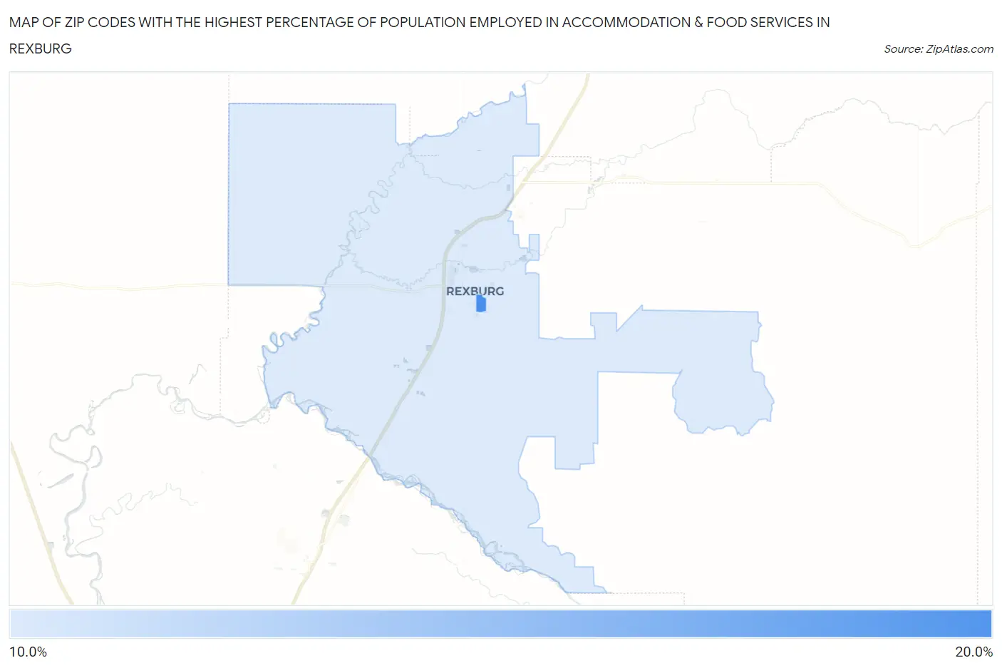 Zip Codes with the Highest Percentage of Population Employed in Accommodation & Food Services in Rexburg Map