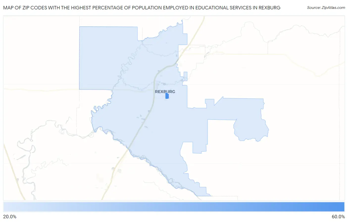 Zip Codes with the Highest Percentage of Population Employed in Educational Services in Rexburg Map