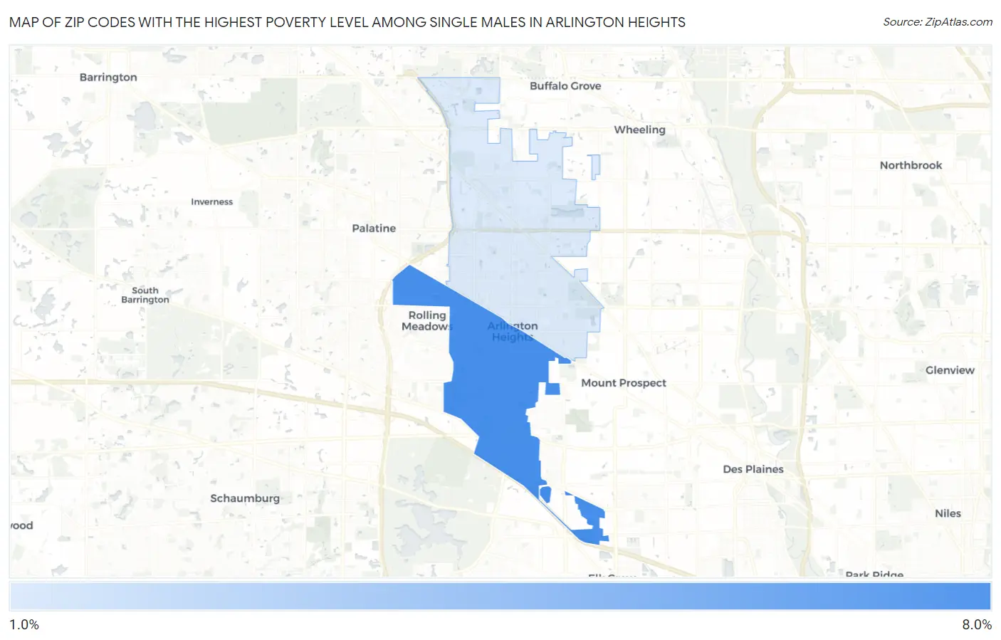 Zip Codes with the Highest Poverty Level Among Single Males in Arlington Heights Map