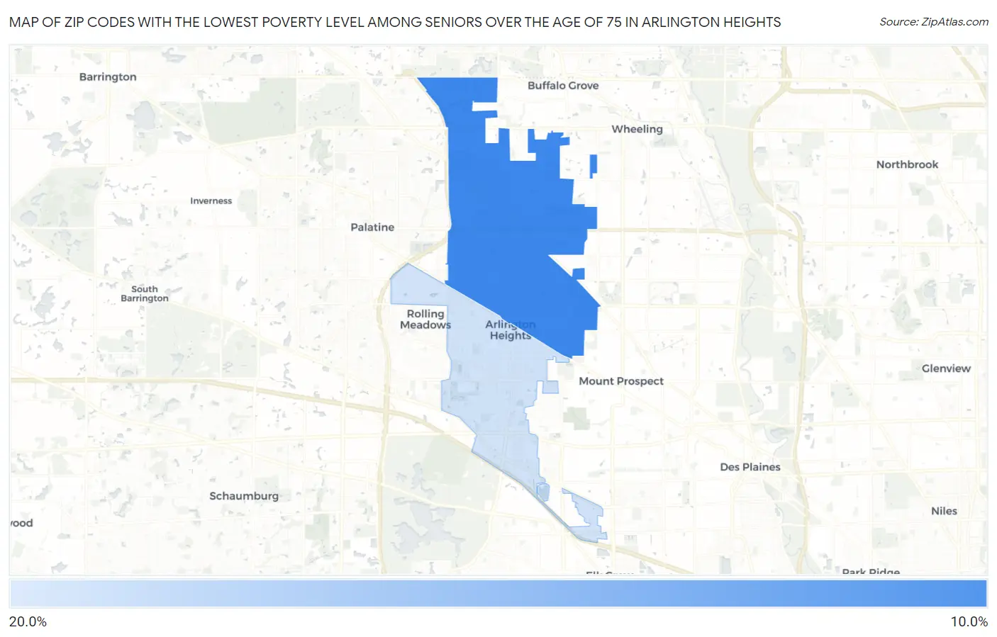 Zip Codes with the Lowest Poverty Level Among Seniors Over the Age of 75 in Arlington Heights Map